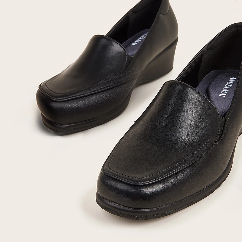Elastic Band Square Toe Black Wedge Shoes Pumps Women Formal Work Office Bank Hotel Uniform Comfortable Close Shoes