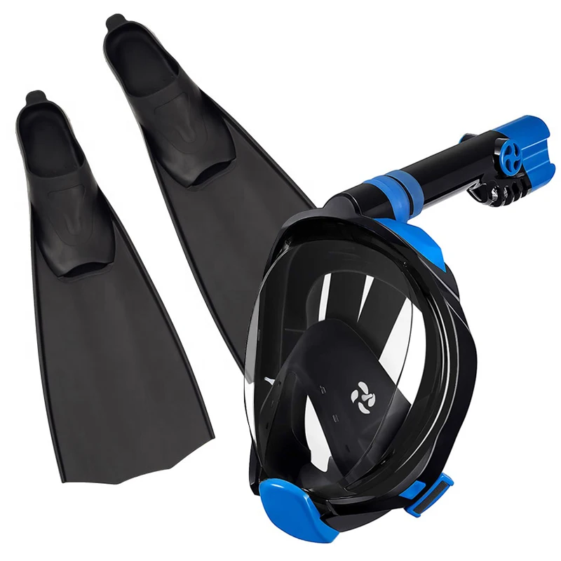 Wholesale scuba diving set dry snorkel snorkeling PP TPR fins 180 degree full face snorkeling mask Fins set with camera mount