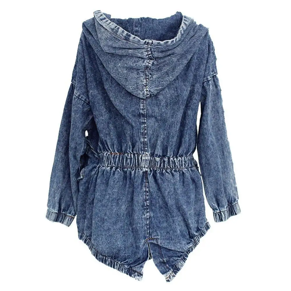 CUHAKCI Newest Style Lady Autumn Winter Loose Hooded Jean Jacket Long Sleeve Mid Length Windbreaker Coat Woman Denim Jacket
