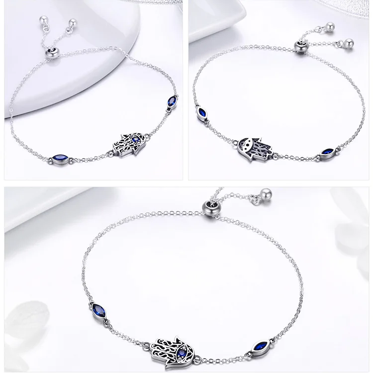 LEICARE Fatima Hamsa Hand Bracelet Blue Eye Jewelry Hamsa Hand Moroccan Bracelet Silver 925 Bracelets for Women Fine Jewelry