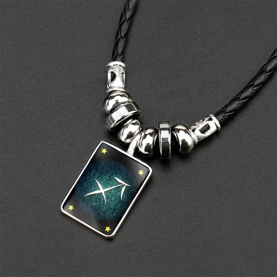 
Fashion 12 Zodiac Sign Bracelet Black Leather necklace Bracelet for Men 