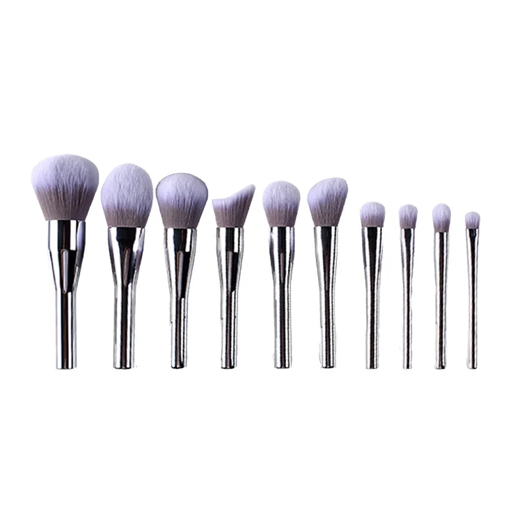 Synthetic Hair Brush for makeup Silver white aluminum rod 10 piece wholesale professional makeup brush set custom