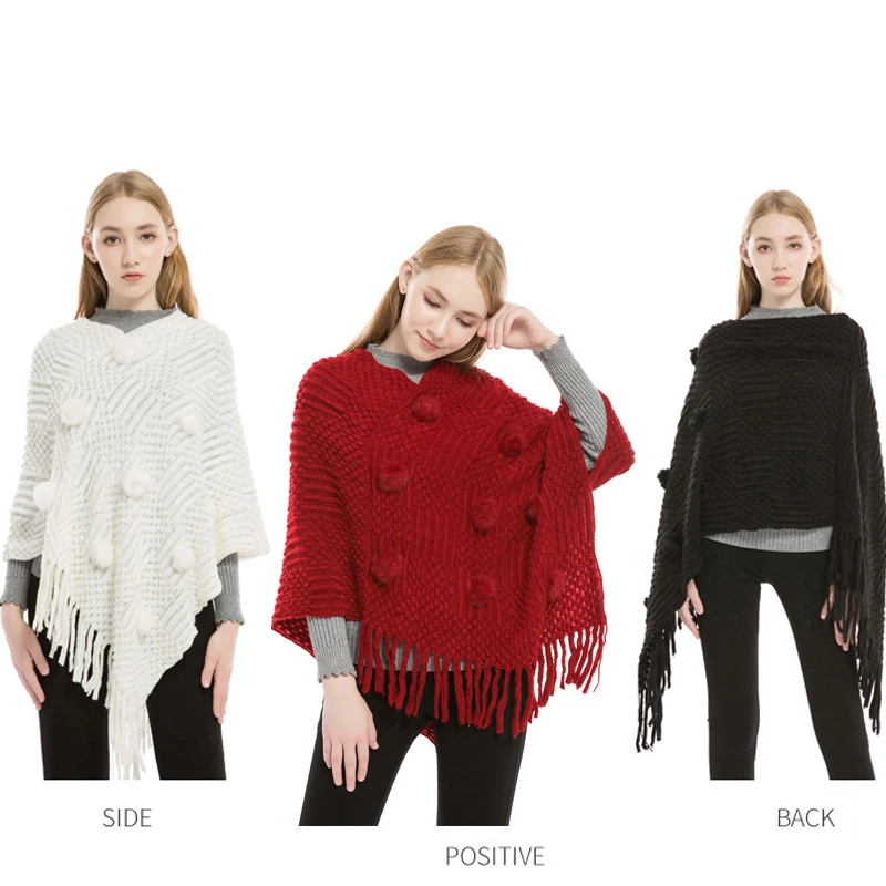 Rabbit fur ball sweater imitate cashmere warmth plus ladies cape shawl poncho