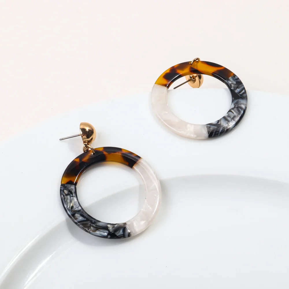 Autumn/Winter 2023 New Temperament Leopard Marble Splicing Acetic Acid Round Exaggerated Hollow Drop Earrings Retro