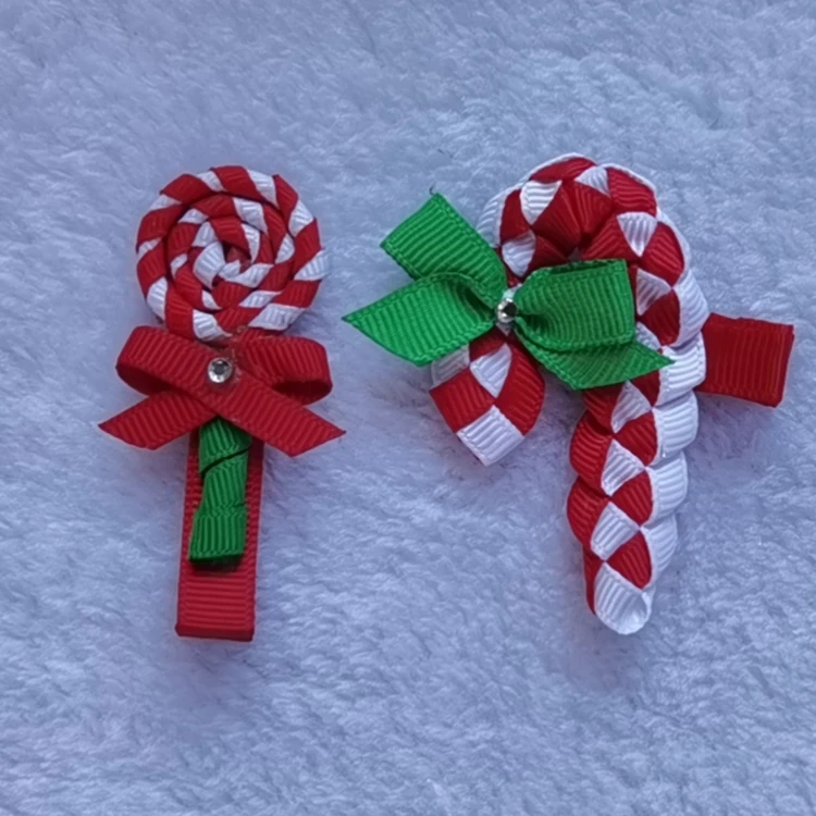 Hot selling Christmas Grosgrain Ribbon baby girl hair accessories cartoon candy cane Christmas mini santa hat hair bow clip