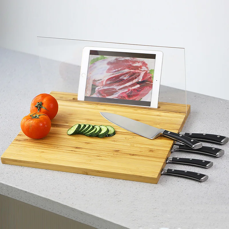Multifunctional 3 in 1 IPad holder cut board knives holder bamboo wood chopping board with tray