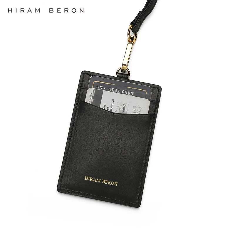 Hiram Beron Italian cow leather ID Card Holder Badge black staff neck card