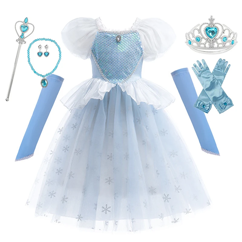 LZH Autumn New Elsa Cosplay Girls Princess Dress Carnival Halloween Costume Blue Scale Short Sleeve Ball Gown Children Clothes