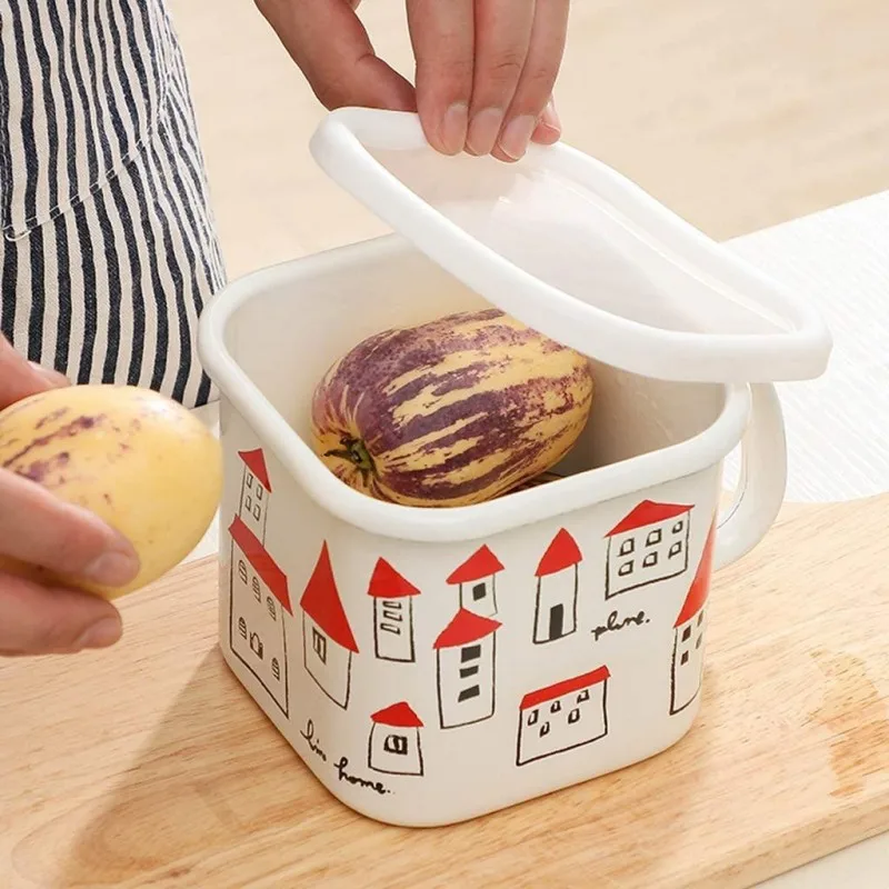 14cm Japan fruit food storage white custom cute logo printed square shape Enamel tank Instant Noodle milk Cup with lid cover