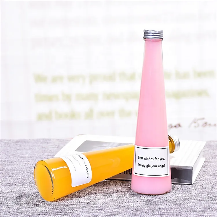 Unique Personalized 200ml circular cone shaped wholesale glass juice bottles