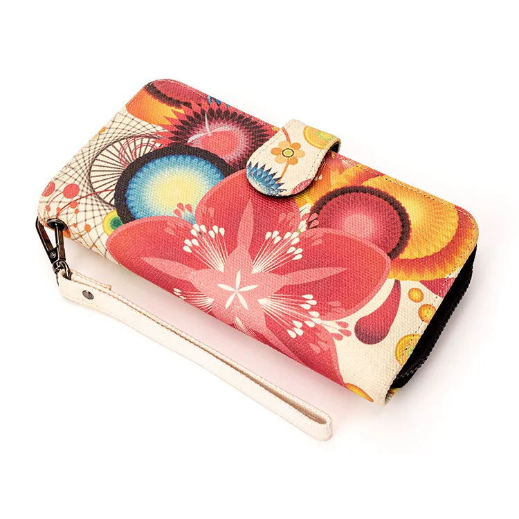 Beautiful Multi-style Canvas Women Wallet Mobile Phone Bag Large Capacity Coin Purse With Wrist Strap