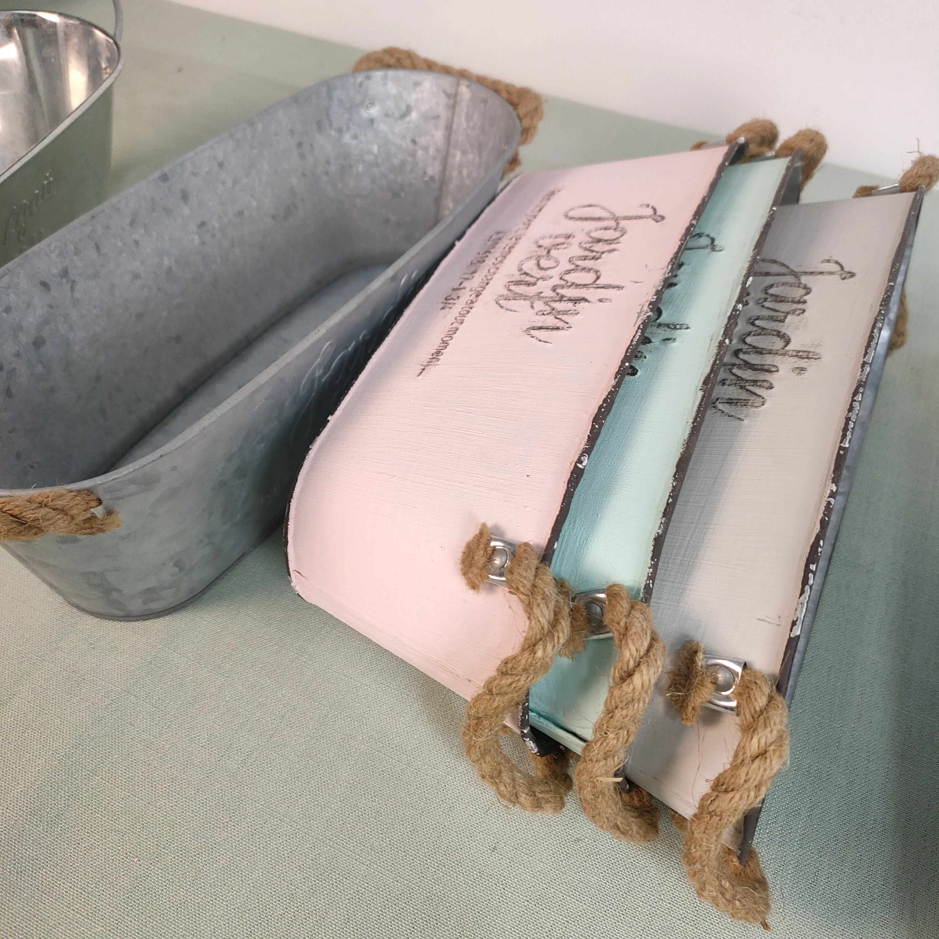 Galvanized zinc oval flower pots cheap deep tray bucket with handle metal succulent pink planter pot for home garden use