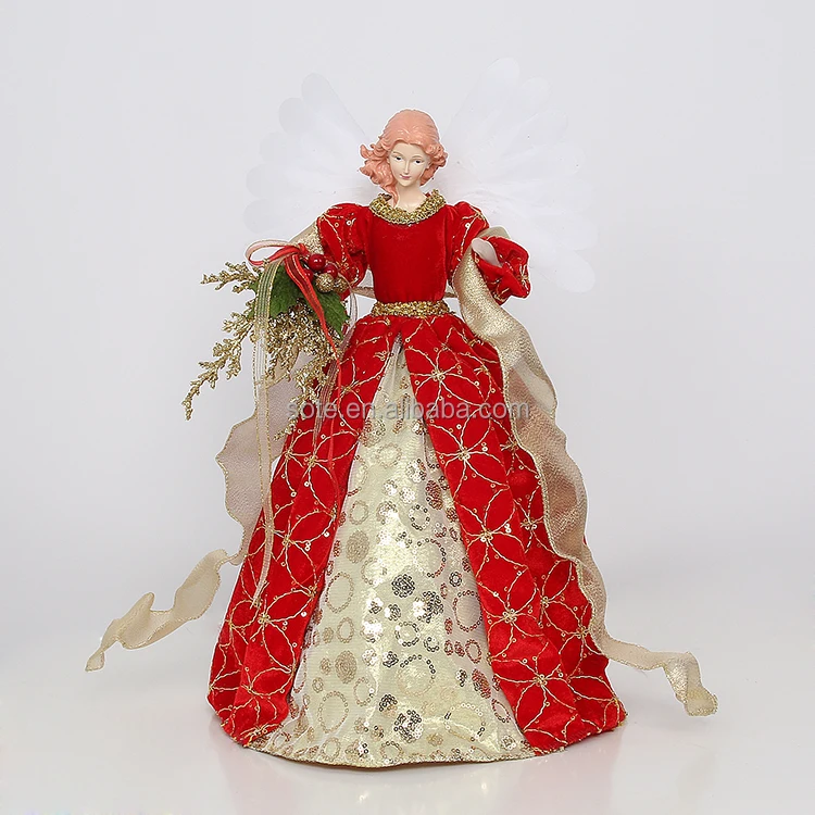 SOTE Hot Selling Shining 40CM Knitted Red Xmas Tree Decoration Fairy Doll Led Lighted Wing Plush Toy Christmas Angel Tree Topper