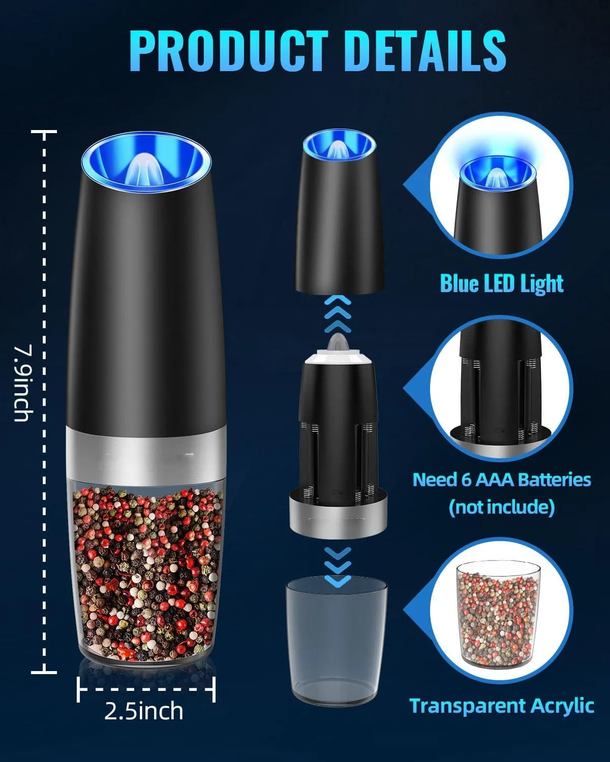 Hot Selling Gravity Electric Pepper and Salt Grinder Set, Adjustable Coarseness, Battery Powered with LED Light