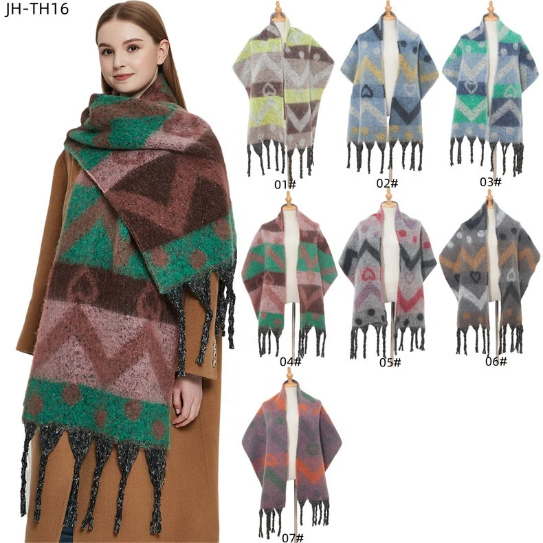 Feel Acrylic Scarf Pashmina Blanket Shawls Women Stripes Scarf with Fringe Circle Yarn European Winter Warm Oblong Cashmere Long