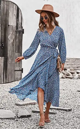 Женское Пляжное Платье макси с V-образным вырезом и длинным рукавом