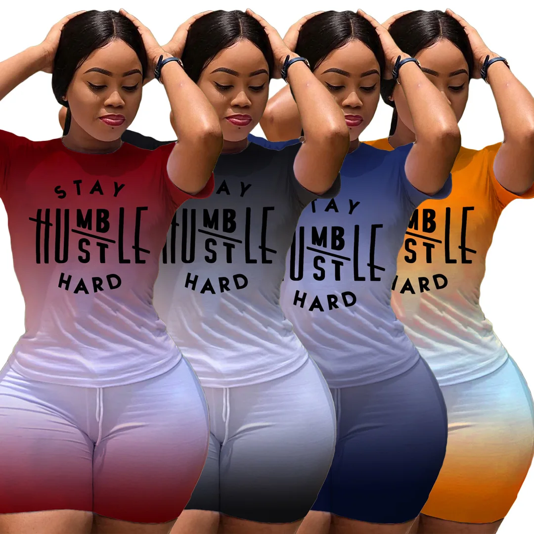 
 Женский Повседневный комплект из 2 предметов, комплект из двух предметов с коротким рукавом и круглым вырезом, с буквенным принтом, летняя одежда  