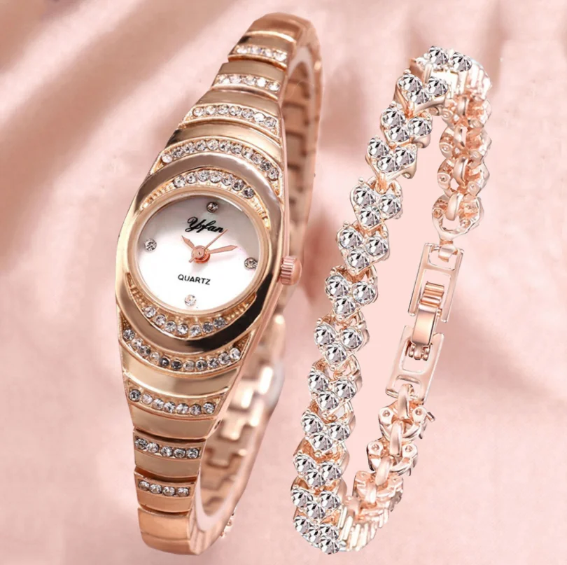  Hot Sale 2pcs/set Women Ladies Fashion Bling Fully Diamond Iced Out Watch Luxury Quartz Wrist Bracelet Watches Gift