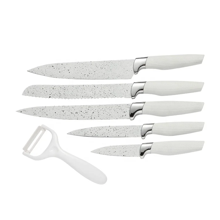 New design white 6 piece kitchen knives set non-stick coating with ceramic peeler bread chef utility fruit knife