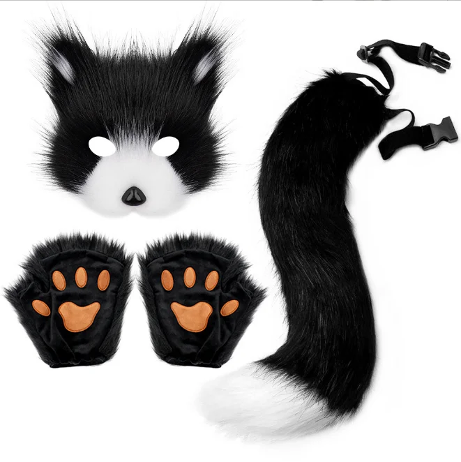 ecoparty  Fluffy Fur Fox Tail Keychain Cat Paws Gloves And Wolf Therian Mask Set For Halloween Cosplay Costume Accessories Sets