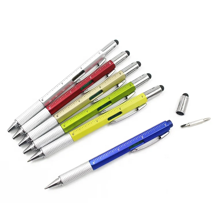 promotional multi-function tool ballpoint pen 5 In 1 stylus soft screen metal Pens with screwdriver gradienter and ruler
