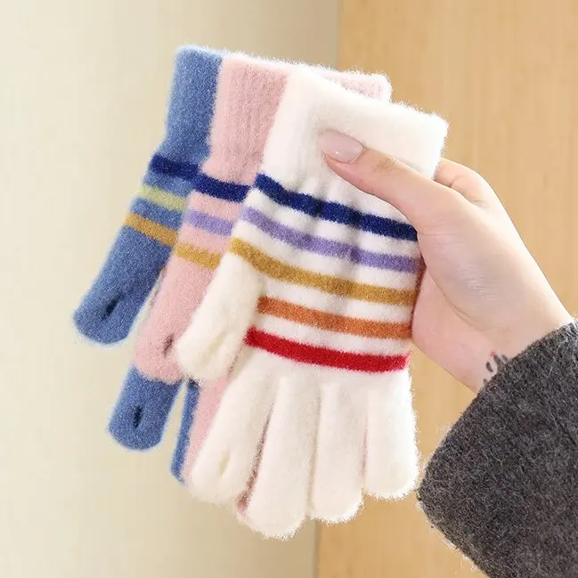 Women Winter Spring Snowy Days Holiday Gifts Outdoor Sports Rainbow Striped White Pink Blue Fluffy Warm Mittens Hand Gloves
