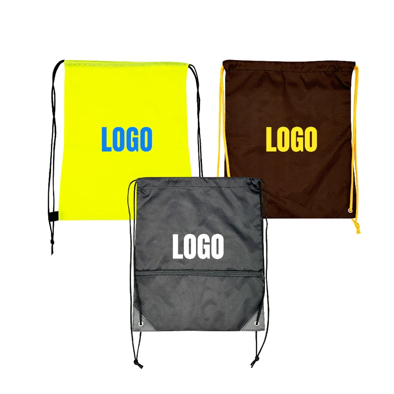 Custom Logo Draw String Bag Full Color Cinch Backpack Recycled Waterproof 210D Polyester Drawstring Bag With Zipper Pocket