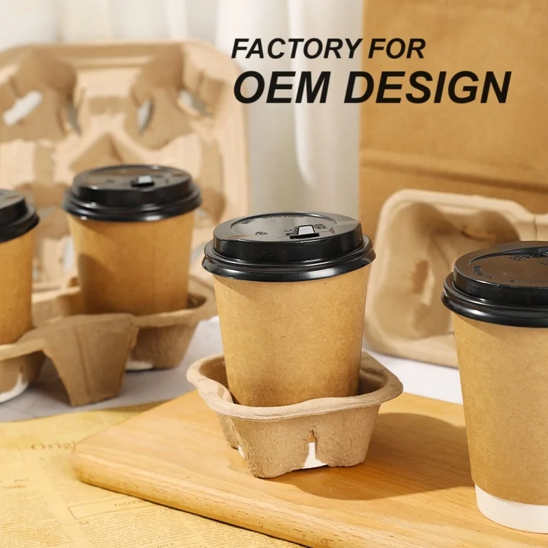 cup carrier Customized Cheap 100% Biodegradable Brown Hot Drink Craft Disposable  Cup Holder Tray Carrier Paper Cup Holder stock