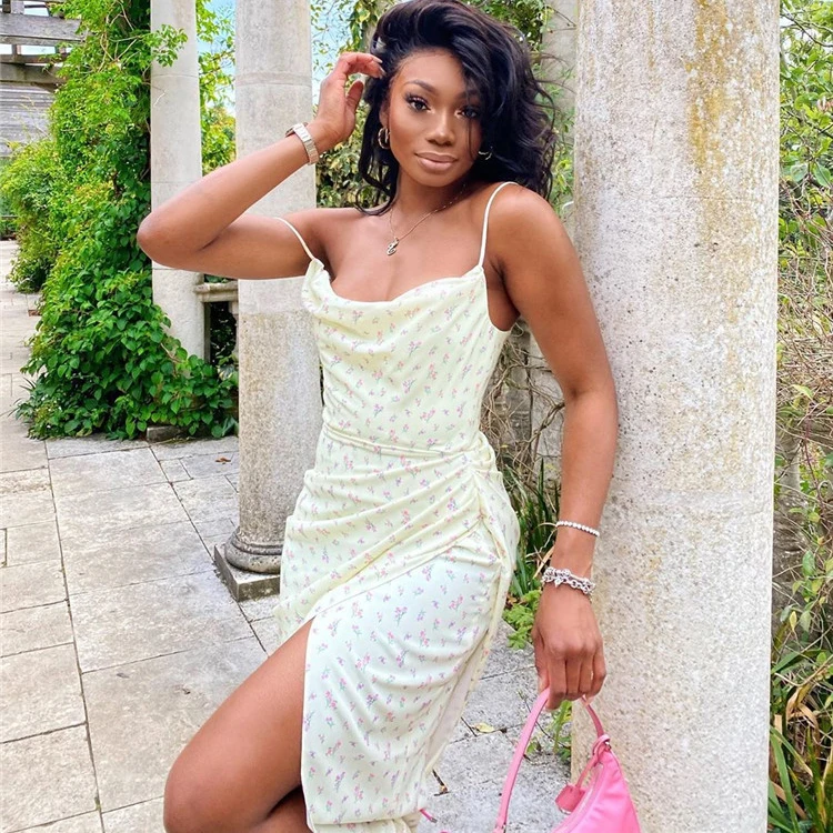 
Woman Slit Midi Spaghetti Strap Lady Yellow Sleeveless Printing Custom Casual Beach Floral Dress 