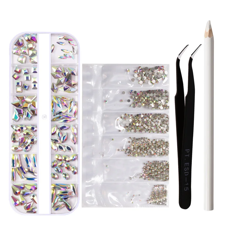 NAK012 Nail art kits with big ab shape rhinestone decorations gem picker tweezers and dotting pencil manicure tools accessories