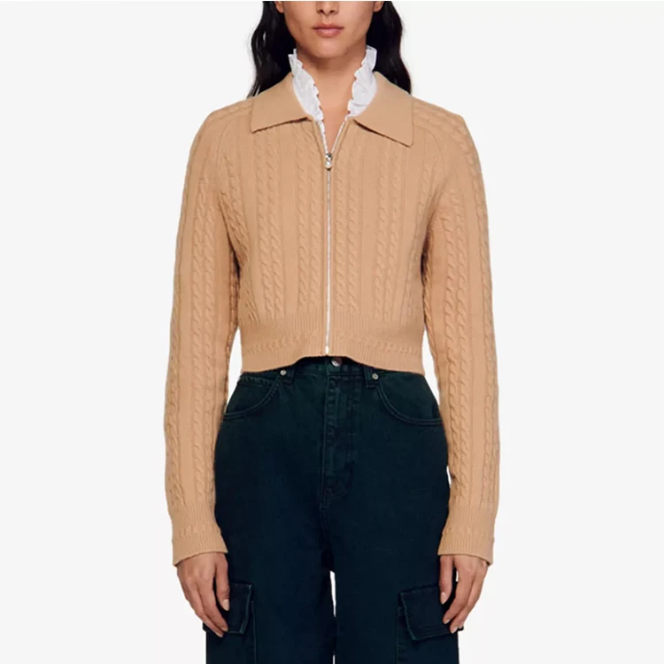 knitwear manufacturer custom spring autumn brown polo collar long sleeve zipper cable knit wool sweater women