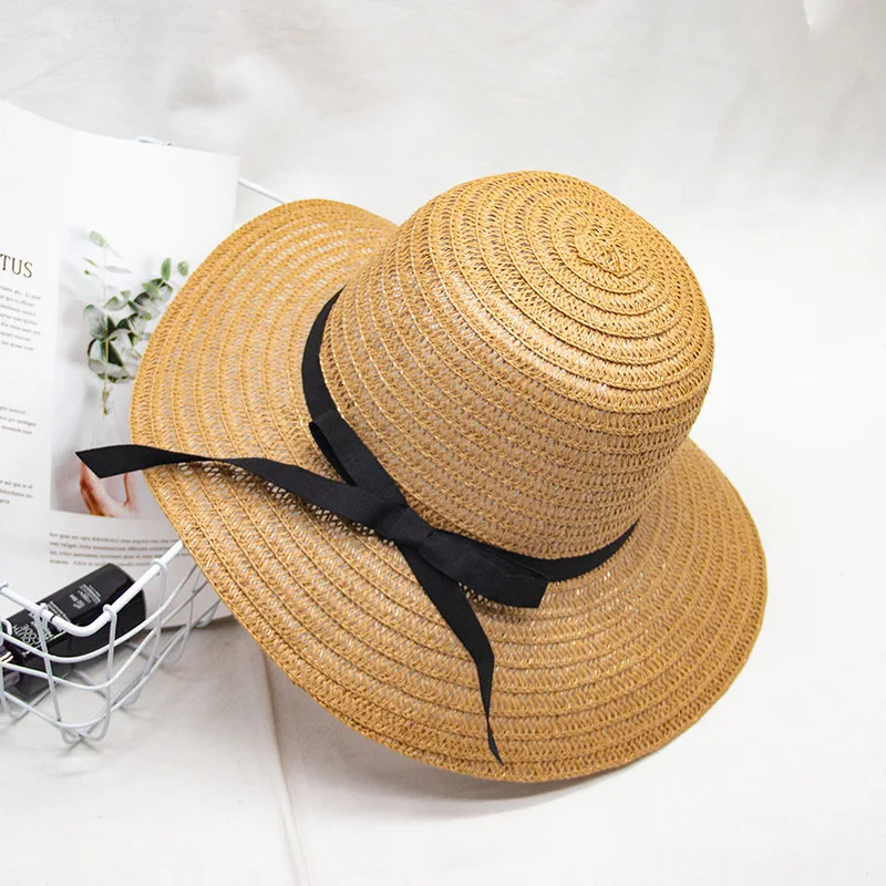 Summer straw hats literary visor Korean version of the folding beach ribbon basin hat female big large brim sun hat wholesale