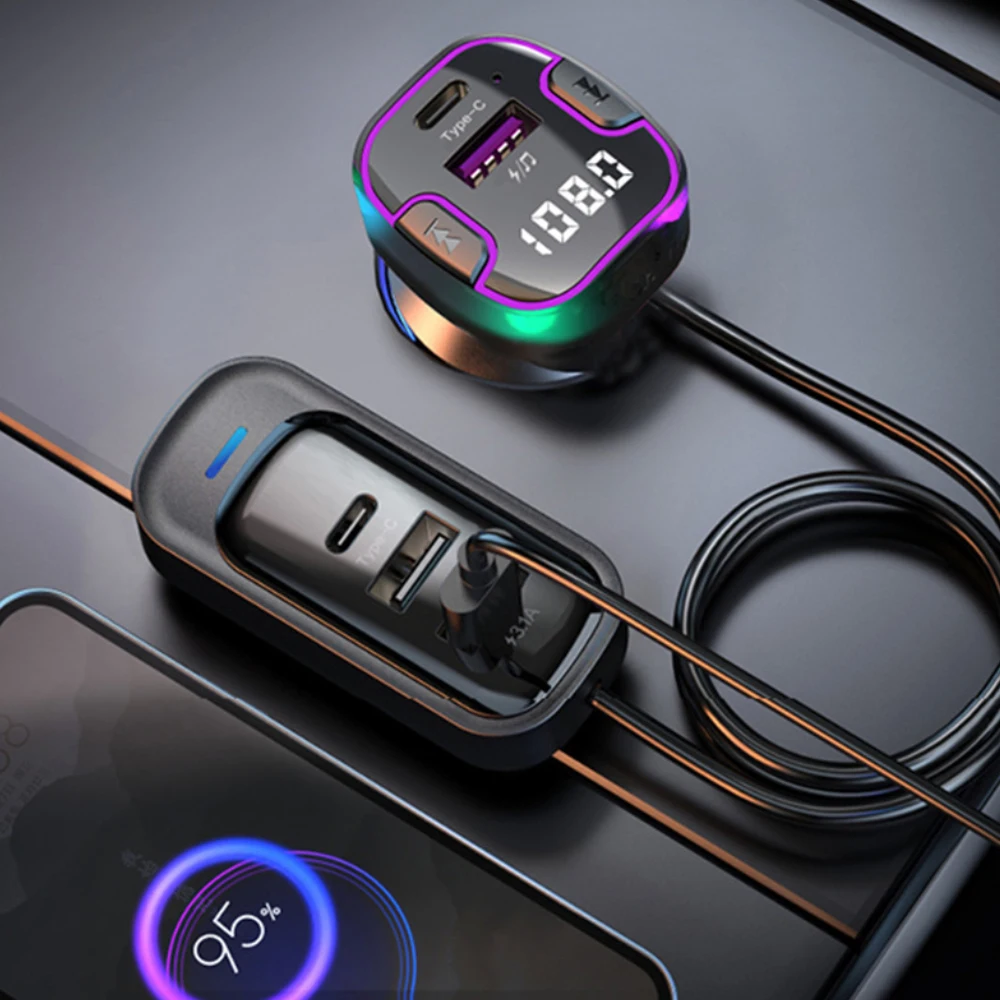 Backseat Multi-port USB Car Charger Transparent Shell Car FM Transmitter Bluetooth Radio Adapter Colorful Light Mp3 Player