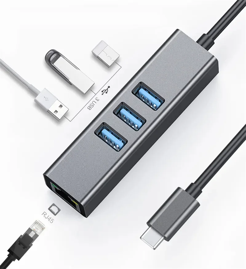 USB3.0 C To Ethernet Adapter Rj45 Network LAN Gigabit Laptop1000Mbps Network Adapter 3-USB Port HUB PC Mac