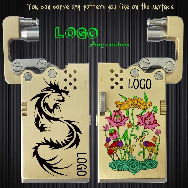 China Luxury Brass handmade stainless steel mechanical automatic catapult kerosene lighter steam punk male custom carved