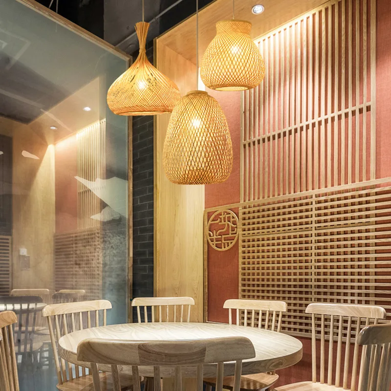 Retro Handmade Natural Weave Lampshade Hotel Restaurant  Decoration Rattan Art Chandelier Led Bamboo Pendant Light