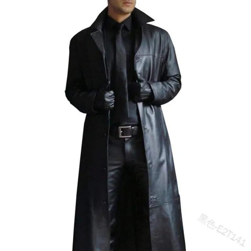 Trendy Fashion Solid Color Leather Windproof Long Trench Coat Windbreaker Jacket For Men