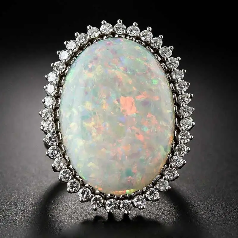 Huitan Luxury Super Large Oval Sun Flower Gemstone Full Around CZ Rings Girls Lady Beautiful Noblewomen Fire Opal Rings Silver