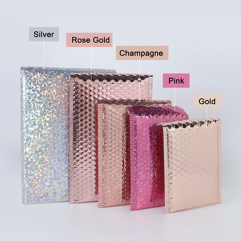 low MOQ custom rose gold poly bubble mailers air padded envelopes gift shipping packaging courier delivery bags