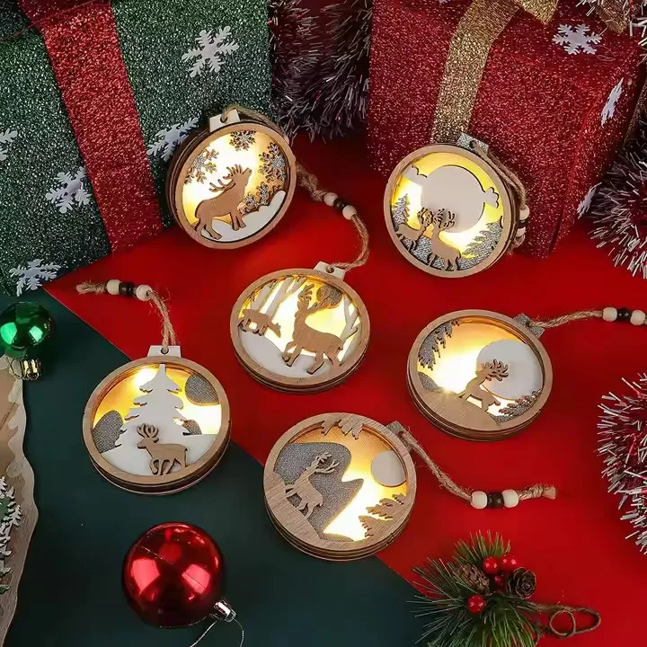 YUWEI Farmhouse Rustic Ornaments Set Decorations Hanging Glitter Reindeer Wood Tree 3D LED Christmas Decorations