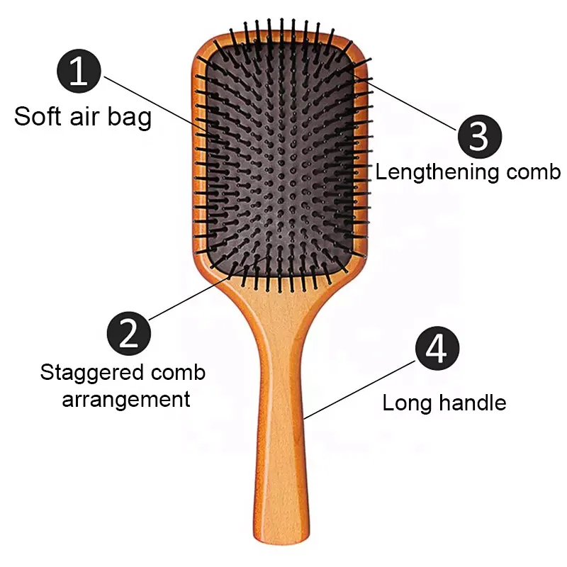 Natural Bamboo Wood Handle Massage Scalp Wooden Paddle Hairbrush Hair Brush Custom Label Antistatic Soft Bristle 100%  Supplier