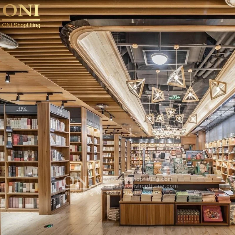 ONI Shopfitting Customized Bookstore Interior Design Display Racks Retail Wooden Bookstore Display Furniture