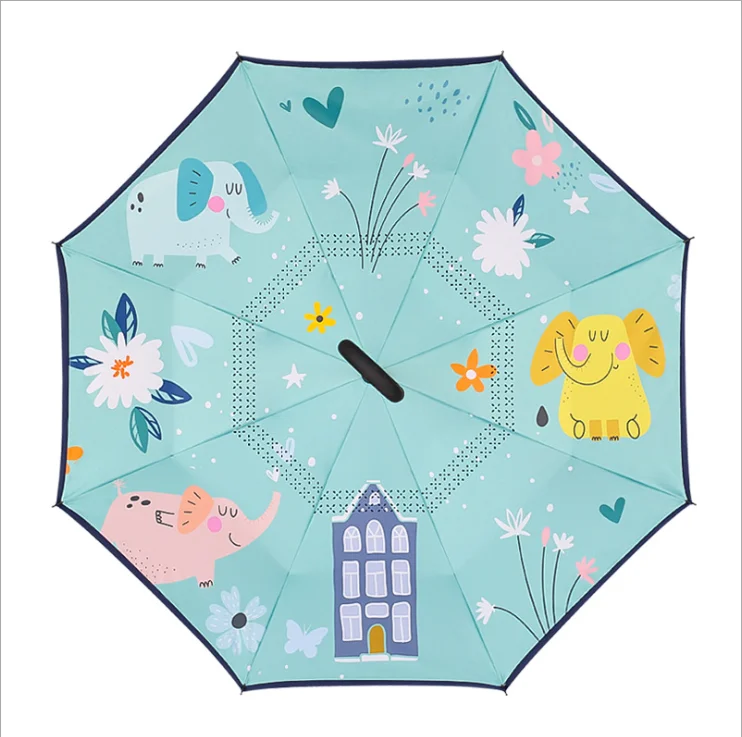 Children kids Cute Upside-down Double Layer Windproof C Type Handle inverted Umbrellas Creative Kids Cartoon Animal Reverse Umbr