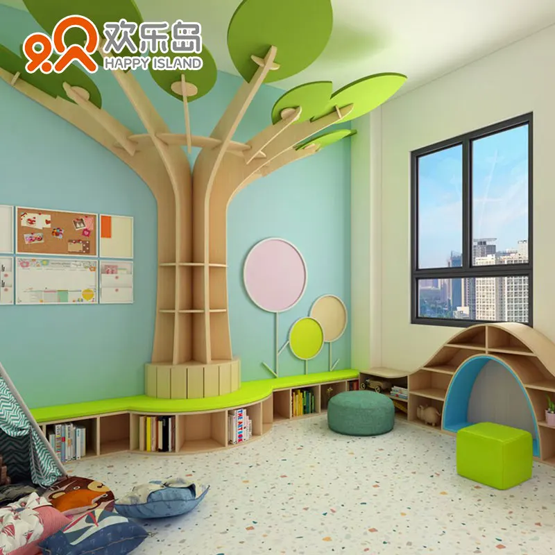 Popular Design Reading Tree Bookshelf Kids Library Creative Reading Room Furniture Daycare Bookcases  And Stool  Set