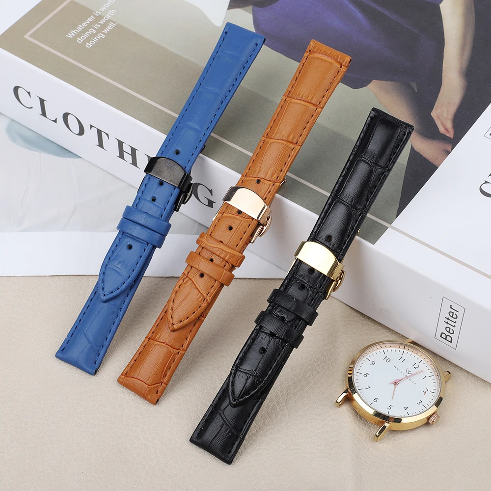 Hot sale classic style bamboo leather butterfly clasp watch strap Crocodile pattern real leather watch band