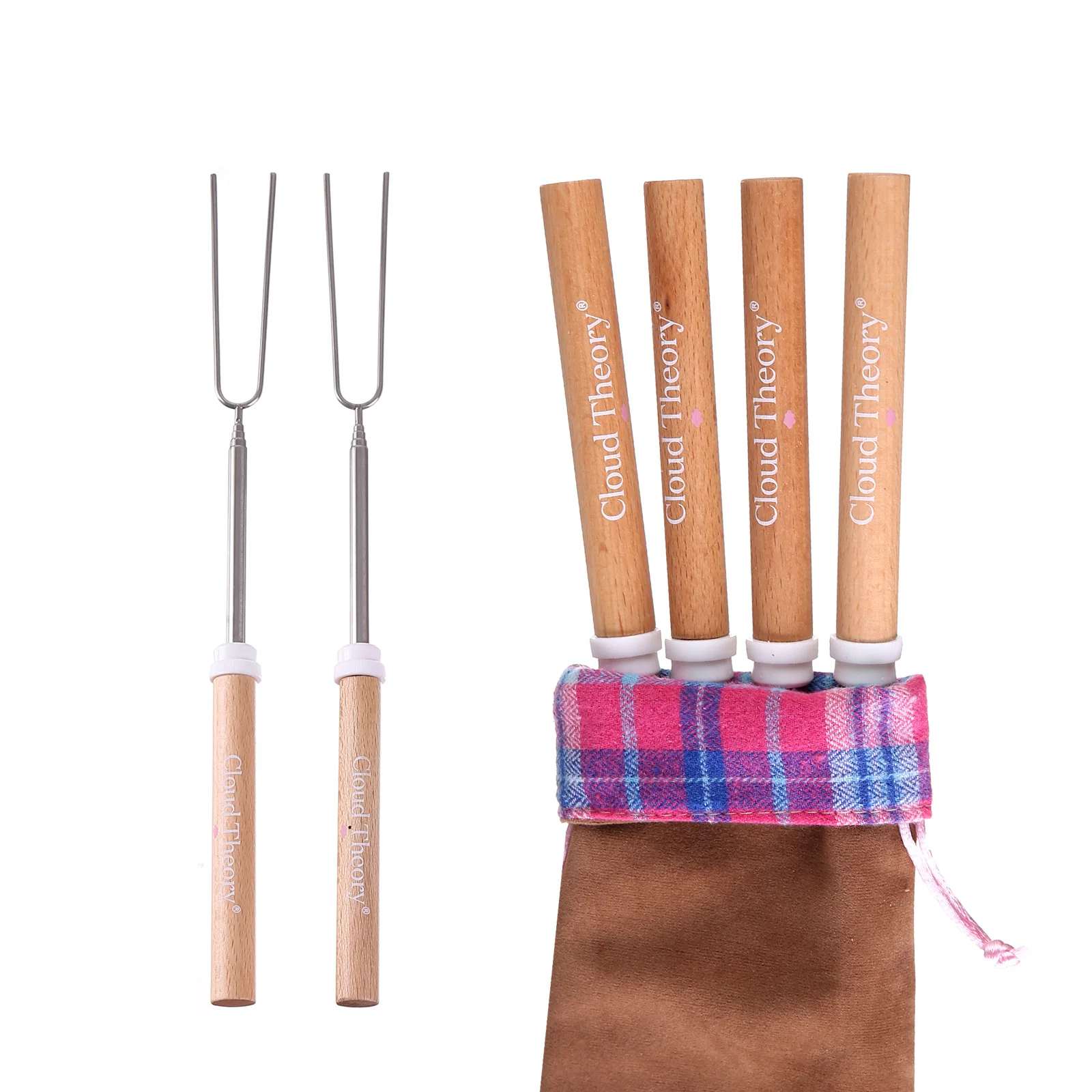 Custom High Quality Beech Wood Handle Marshmallow BBQ Skewers Telescoping Roasting Sticks Stainless Steel BBQ Stick Forks