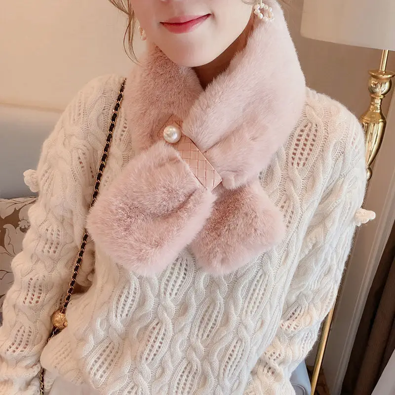 Меховой шарф, теплый мех с жемчугом, роскошный зимний мягкий плюшевый искусственный кроличий мех для женщин и девушек, взрослый полипропиленовый пакет, средний собственный завод