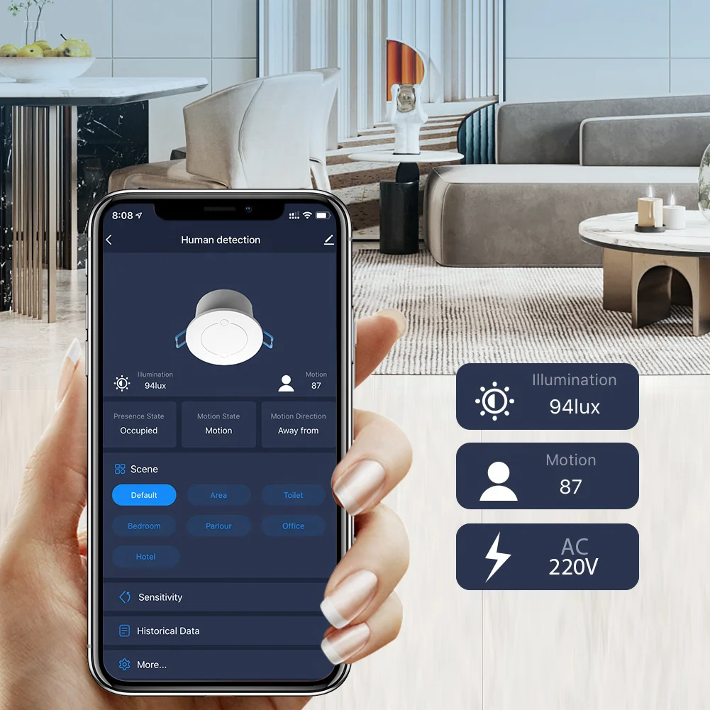 Детектор присутствия человека Zigbee потолочный датчик движения миллиметровый волновой радар технология наблюдения за сном для пожилых