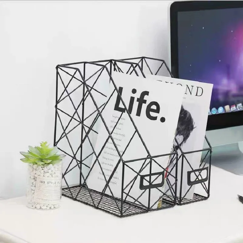 Simple Geometry Magazine Data Desktop Storage Rack Steel Art Office Table Folder Organizer Home Decor Shelf Storage Basket