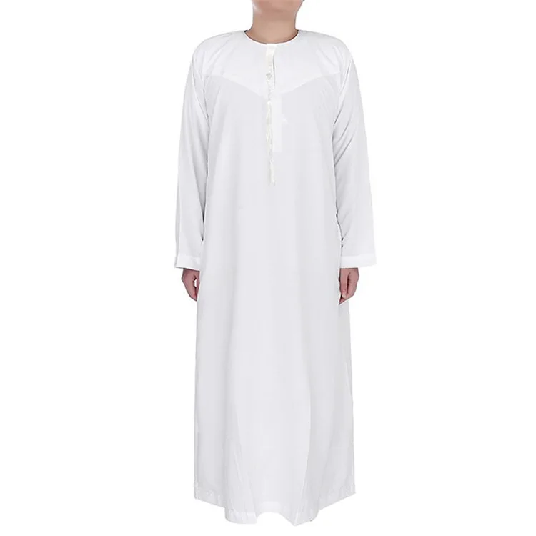 Custom Classic White Color Saudi Men Arab Button Up Long Gown Kaftan Traditional Ethnic Thobe with Pockets